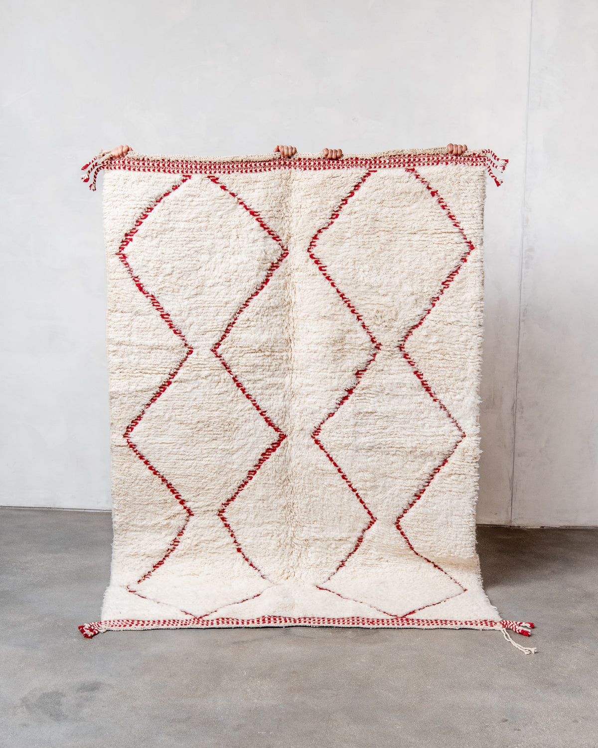 Modern, designer, handcrafted Berber rug from Morocco. Beniourain carpet with beautiful colours and patterns and fluffy wool texture.