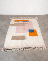 Modern, designer, handcrafted Berber runner rug from Morocco. Beniourain carpet with beautiful colours and patterns and fluffy wool texture.