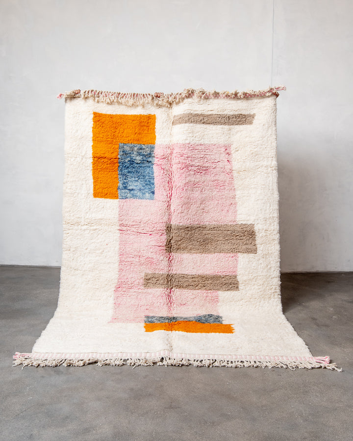 Modern, designer, handcrafted Berber runner rug from Morocco. Beniourain carpet with beautiful colours and patterns and fluffy wool texture.