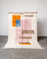Modern, designer, handcrafted Berber runner rug from Morocco. Beniourain carpet with beautiful colours and patterns and fluffy wool texture.