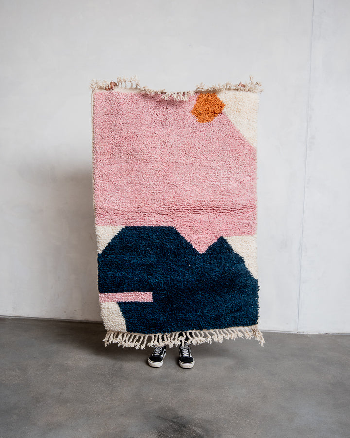 Modern, designer, handcrafted Berber rug from Morocco. Beniourain carpet with beautiful colours and patterns and fluffy wool texture.