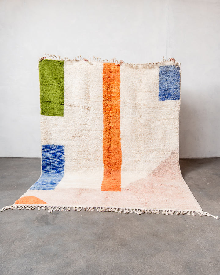 Modern, designer, handcrafted Berber rug from Morocco. Beniourain carpet with beautiful colours and patterns and fluffy wool texture. 