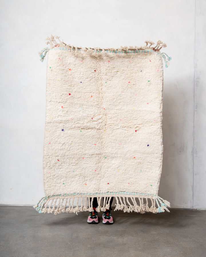 Modern, designer, handcrafted Berber rug from Morocco. Beniourain carpet with beautiful colours and patterns and fluffy wool texture. 