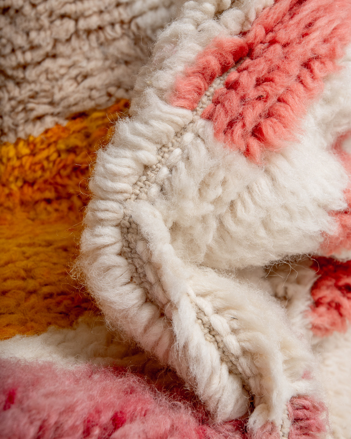 Modern, designer, handcrafted Berber rug from Morocco. Beniourain carpet with beautiful colours and patterns and fluffy wool texture. 