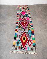 Modern, designer, handcrafted Berber runner rug from Morocco. Beniourain carpet with beautiful colours and patterns and fluffy wool texture.