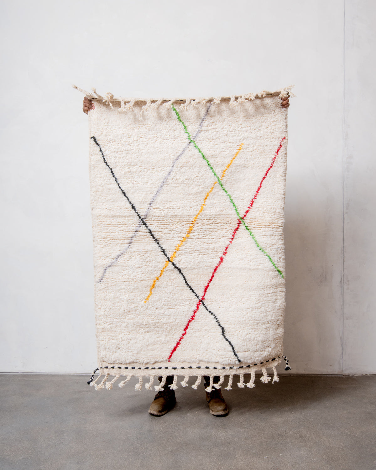 Modern, designer, handcrafted Berber rug from Morocco. Beniourain carpet with beautiful colours and patterns and fluffy wool texture. 