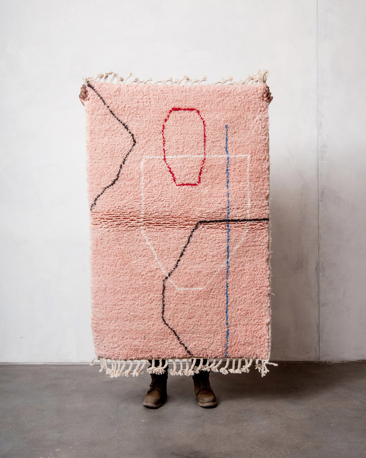 Modern, designer, handcrafted Berber rug from Morocco. Beniourain carpet with beautiful colours and patterns and fluffy wool texture. 
