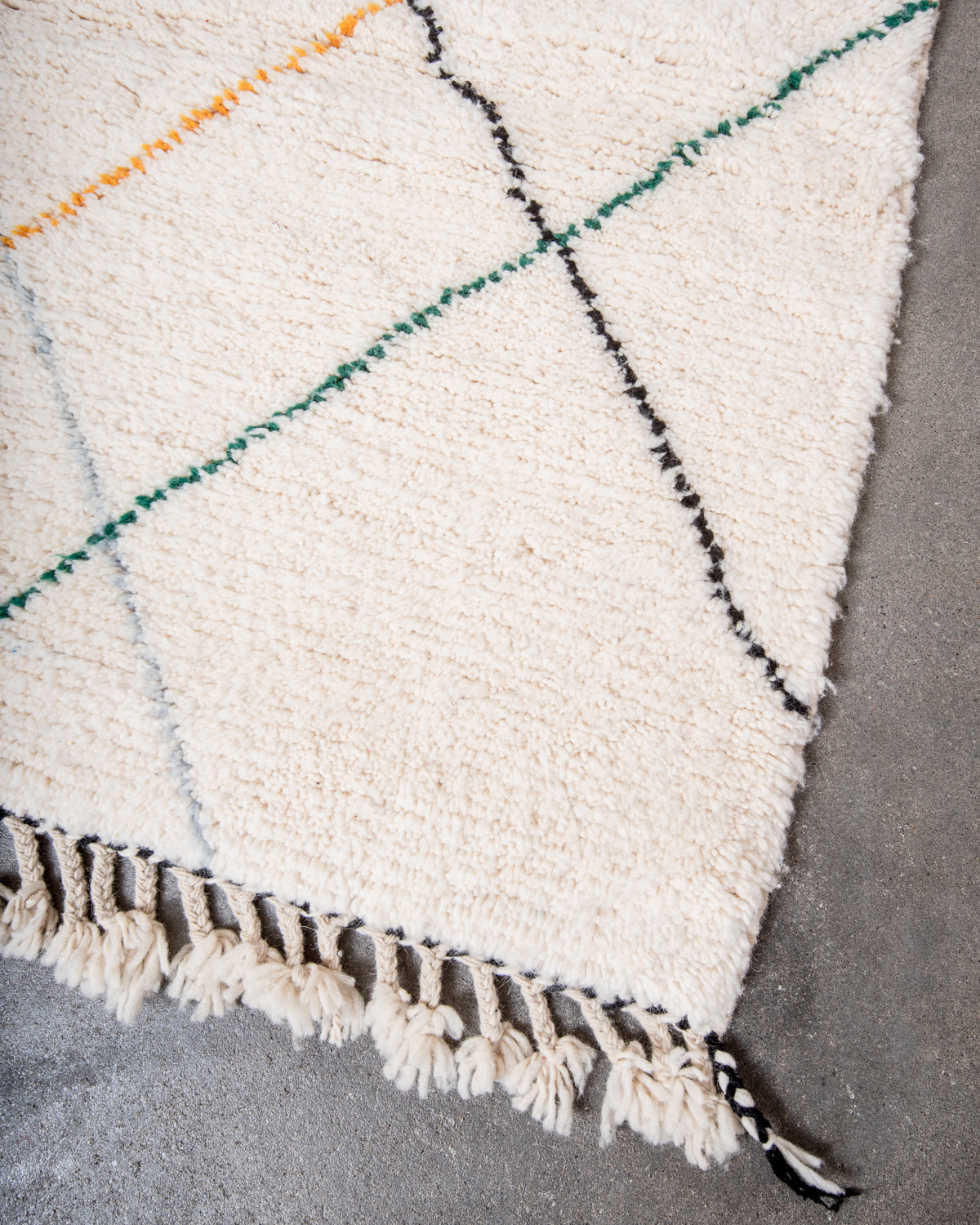 Modern, designer, handcrafted Berber rug from Morocco. Beniourain carpet with beautiful colours and patterns and fluffy wool texture. 