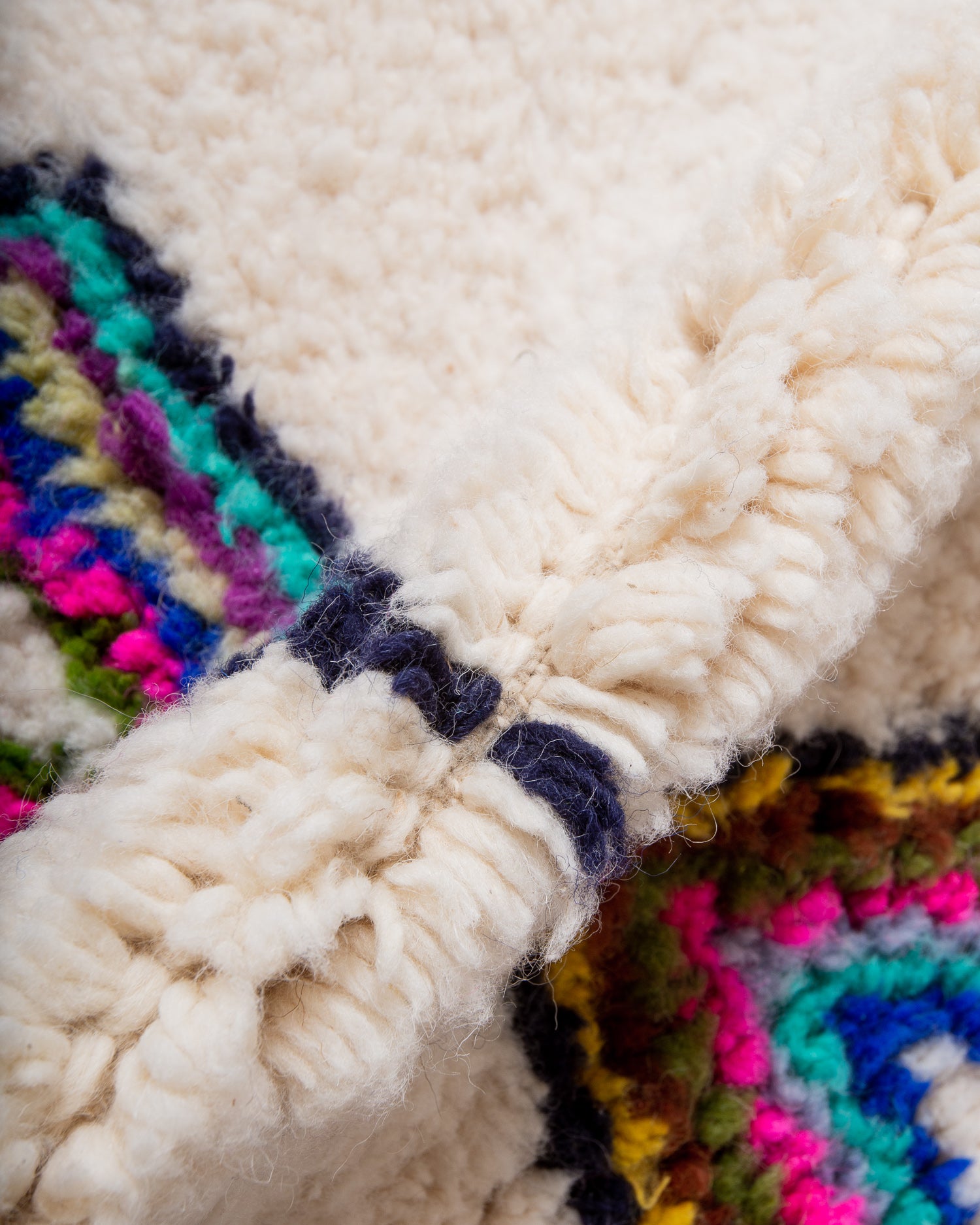 Modern, designer, handcrafted Berber rug from Morocco. Beniourain carpet with beautiful colours and patterns and fluffy wool texture. 