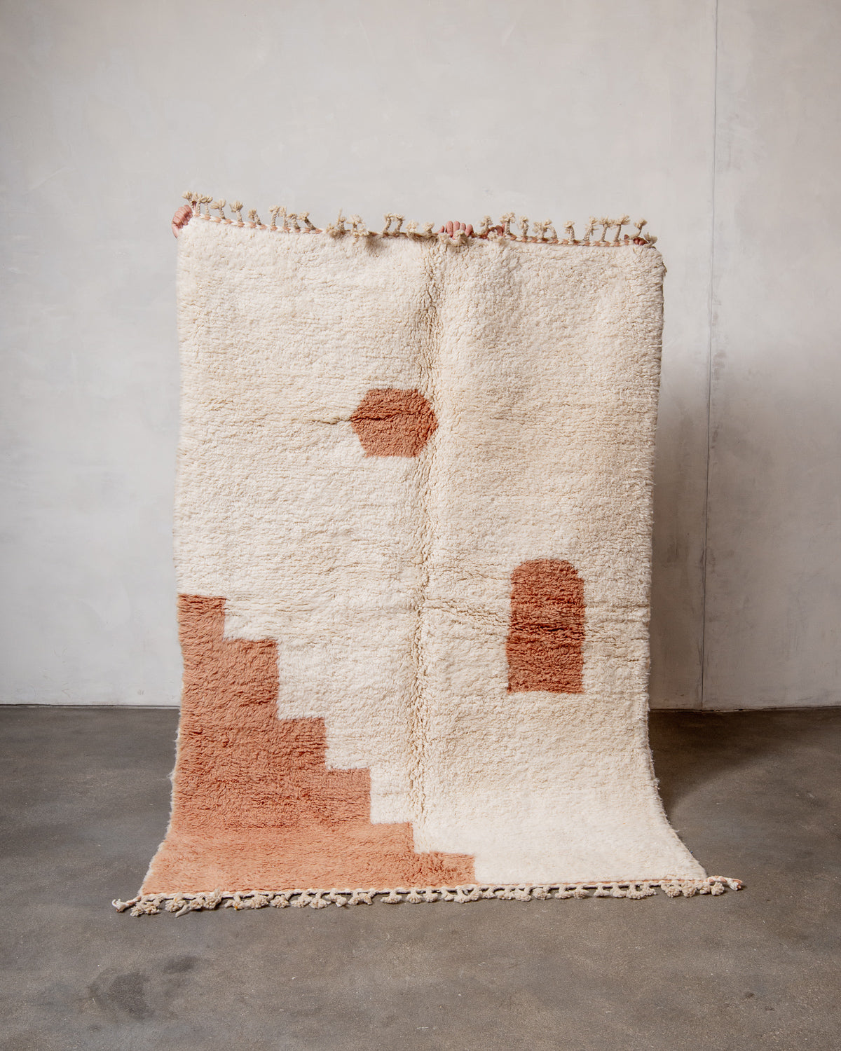 Modern, designer, handcrafted Berber rug from Morocco. Beniourain carpet with beautiful colours and patterns and fluffy wool texture.