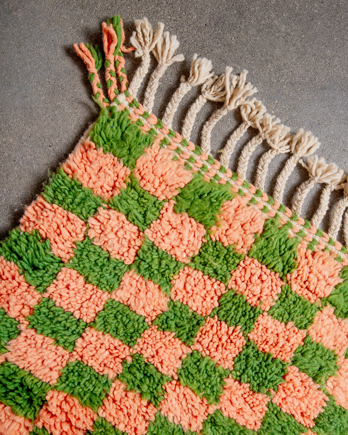 Modern, designer, handcrafted Berber rug from Morocco. Beniourain carpet with beautiful colours and patterns and fluffy wool texture.