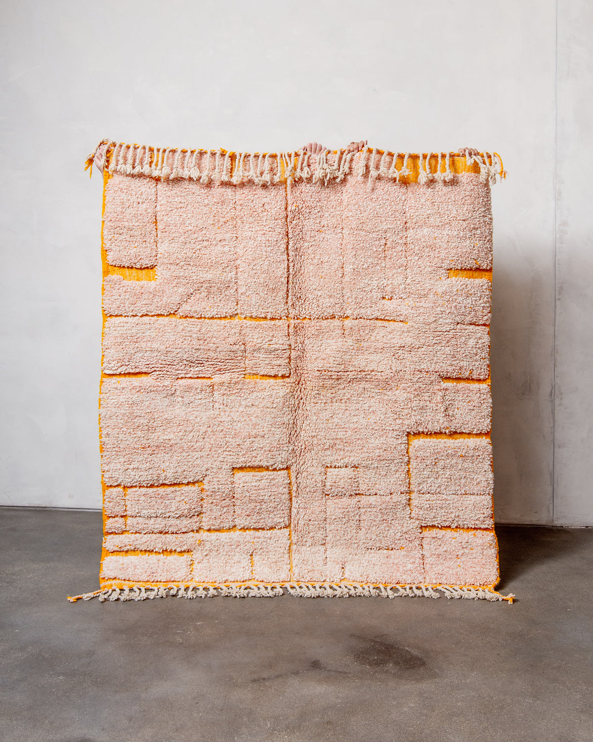 Modern, designer, handcrafted Berber rug from Morocco. Beniourain carpet with beautiful colours and patterns and fluffy wool texture. 