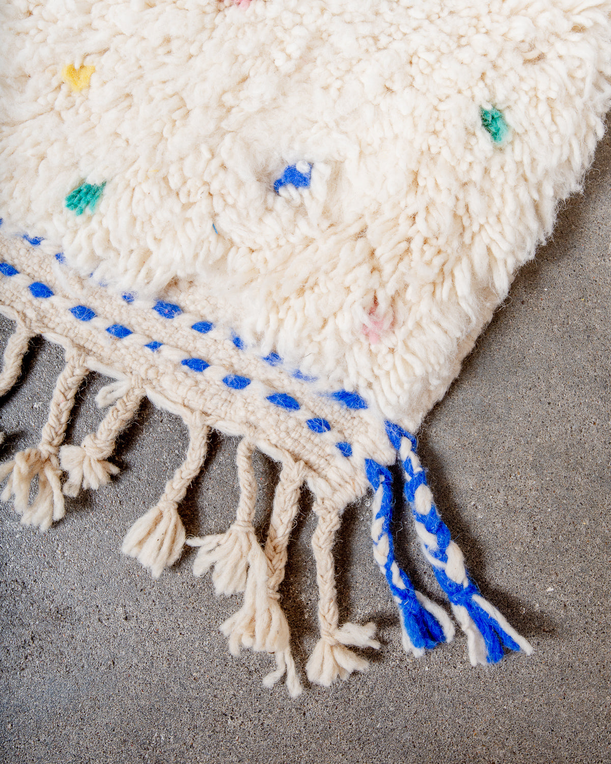 Modern, designer, handcrafted Berber rug from Morocco. Beniourain carpet with beautiful colours and patterns and fluffy wool texture.