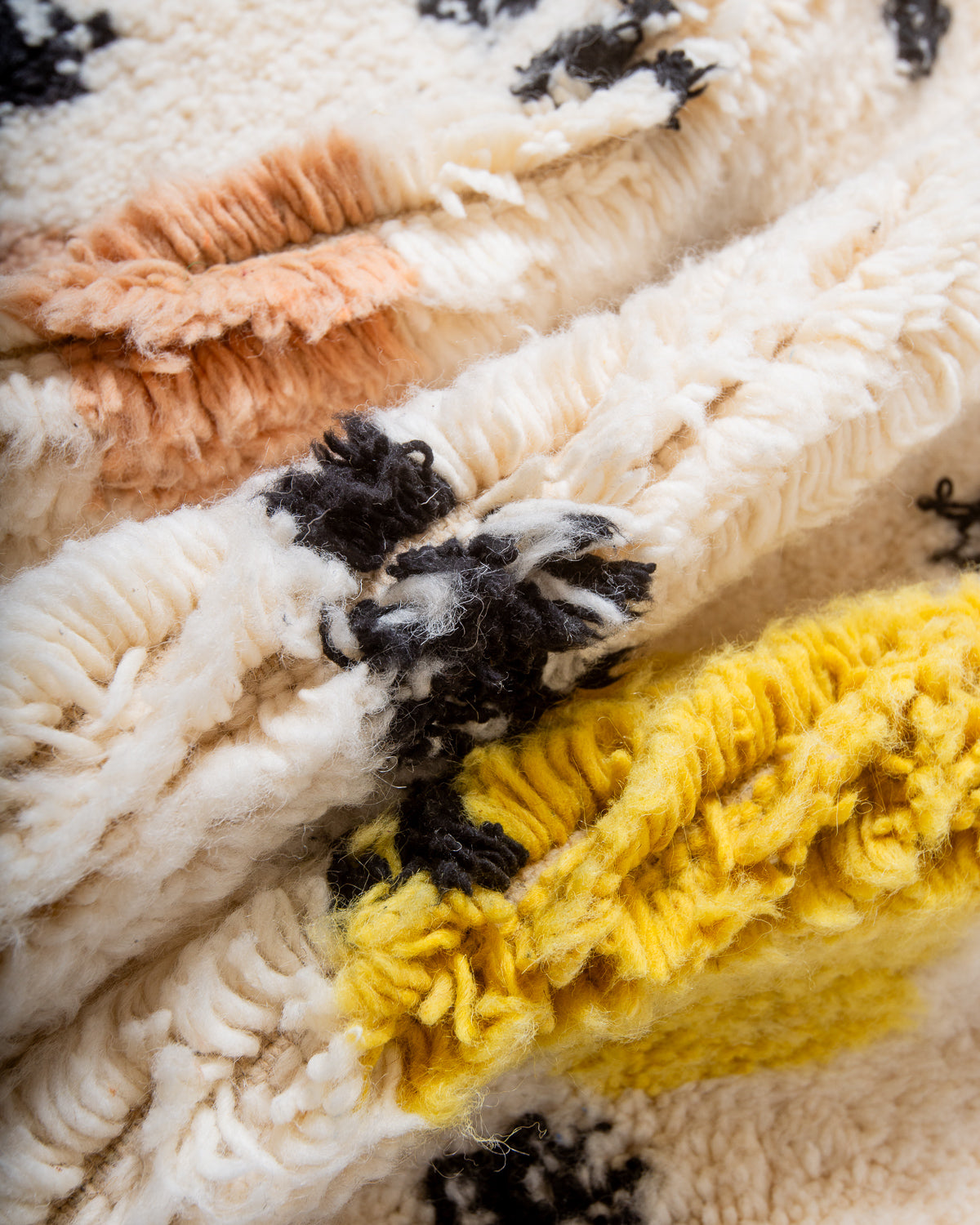 Modern, designer, handcrafted Berber rug from Morocco. Beniourain carpet with beautiful colours and patterns and fluffy wool texture. 