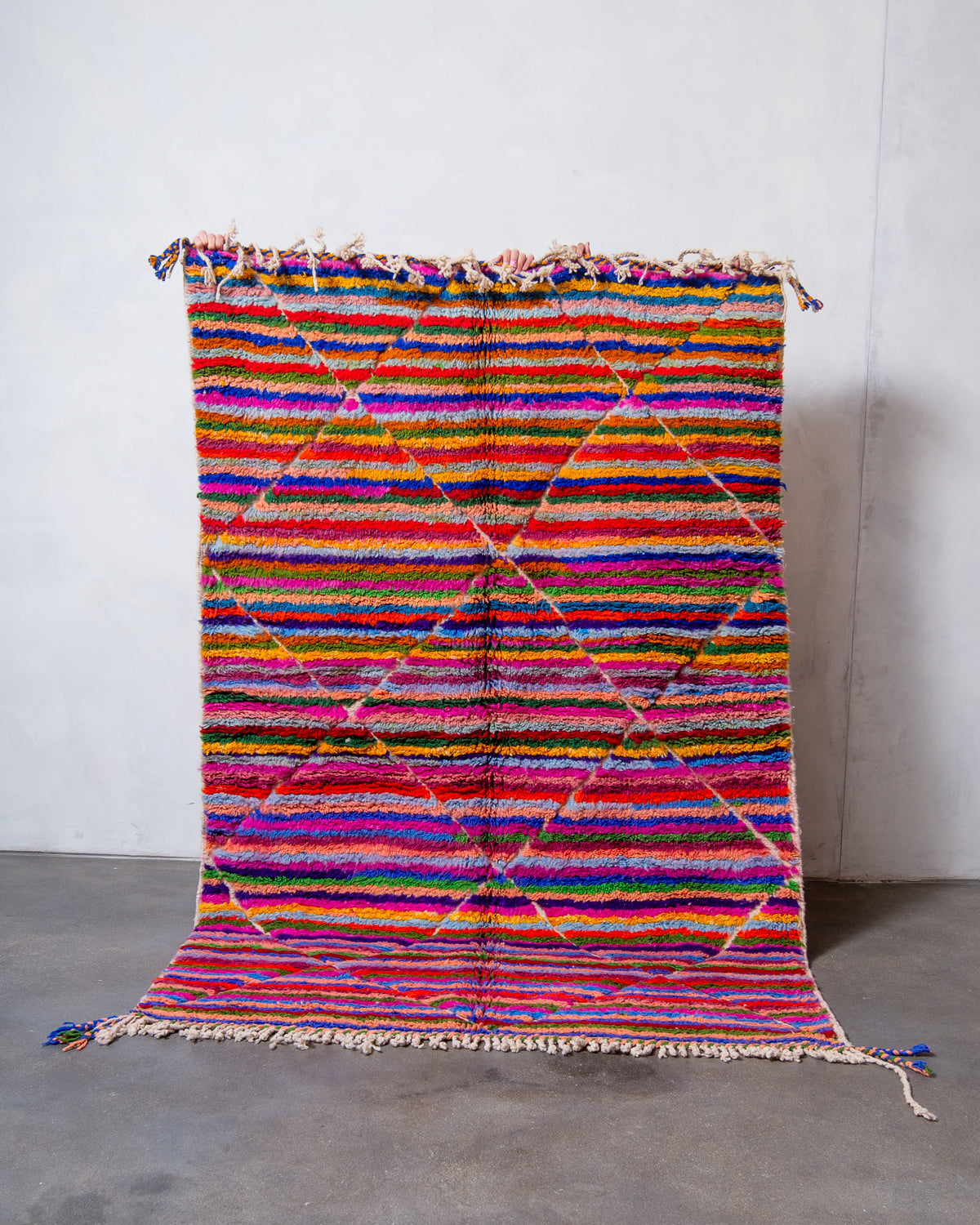 Modern, designer, handcrafted Berber rug from Morocco. Beniourain carpet with beautiful colours and patterns and fluffy wool texture. 