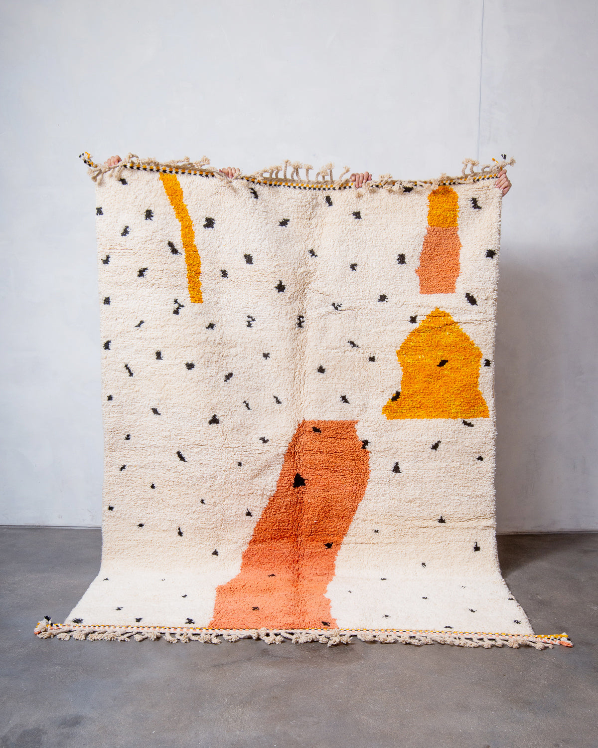 Modern, designer, handcrafted Berber rug from Morocco. Beniourain carpet with beautiful colours and patterns and fluffy wool texture. 