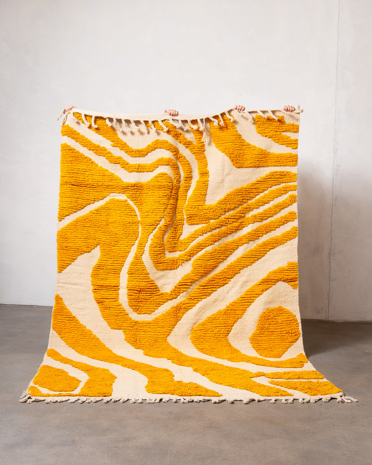 Modern, designer, handcrafted Berber rug from Morocco. Beniourain carpet with beautiful colours and patterns and fluffy wool texture.