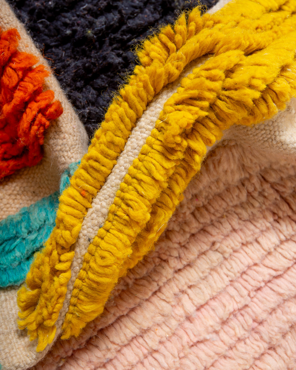 Modern, designer, handcrafted Berber rug from Morocco. Beniourain carpet with beautiful colours and patterns and fluffy wool texture.