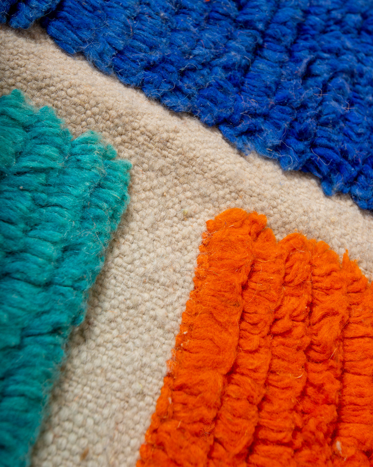 Modern, designer, handcrafted Berber rug from Morocco. Beniourain carpet with beautiful colours and patterns and fluffy wool texture.