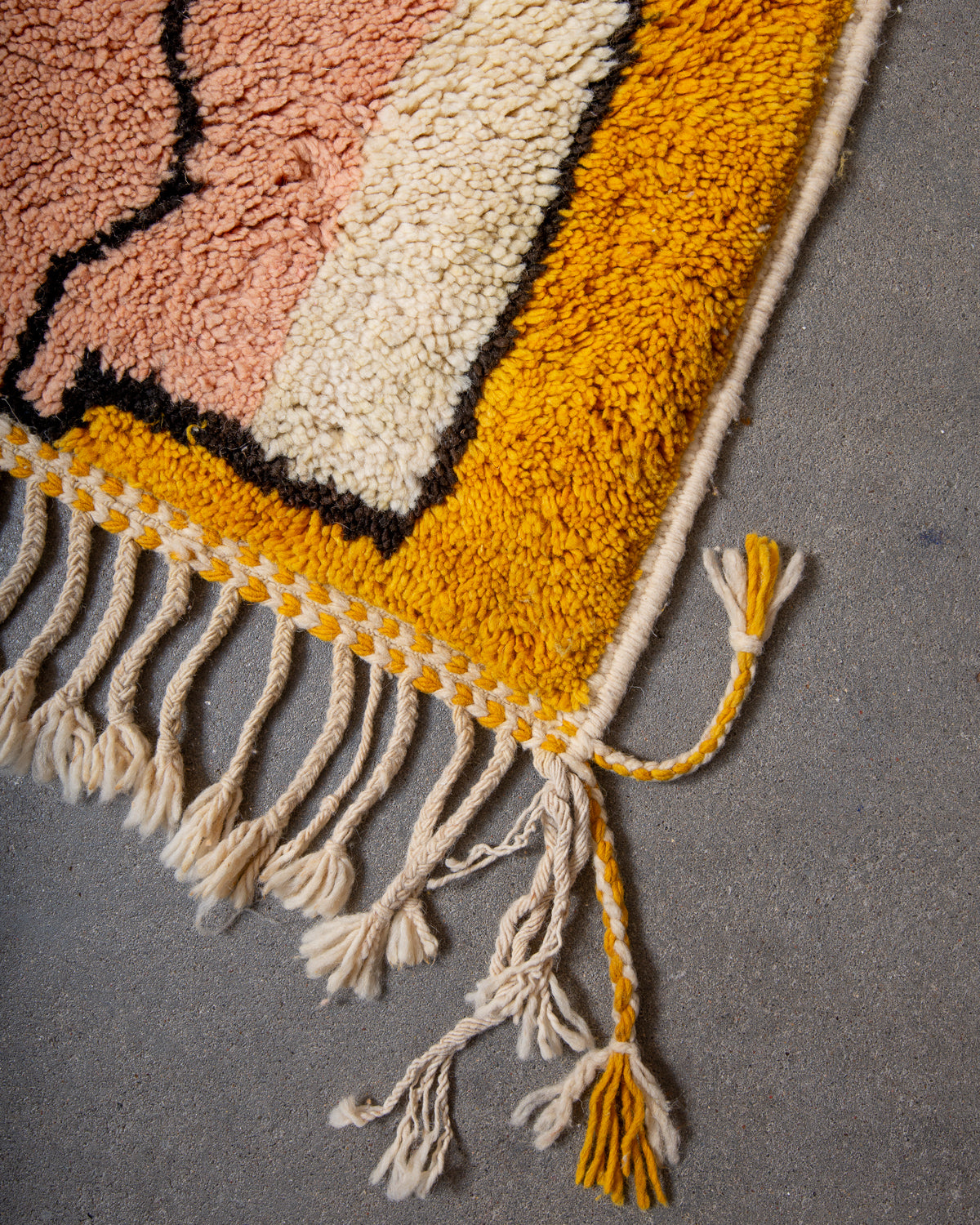 Modern, designer, handcrafted Berber rug from Morocco. Beniourain carpet with beautiful colours and patterns and fluffy wool texture.