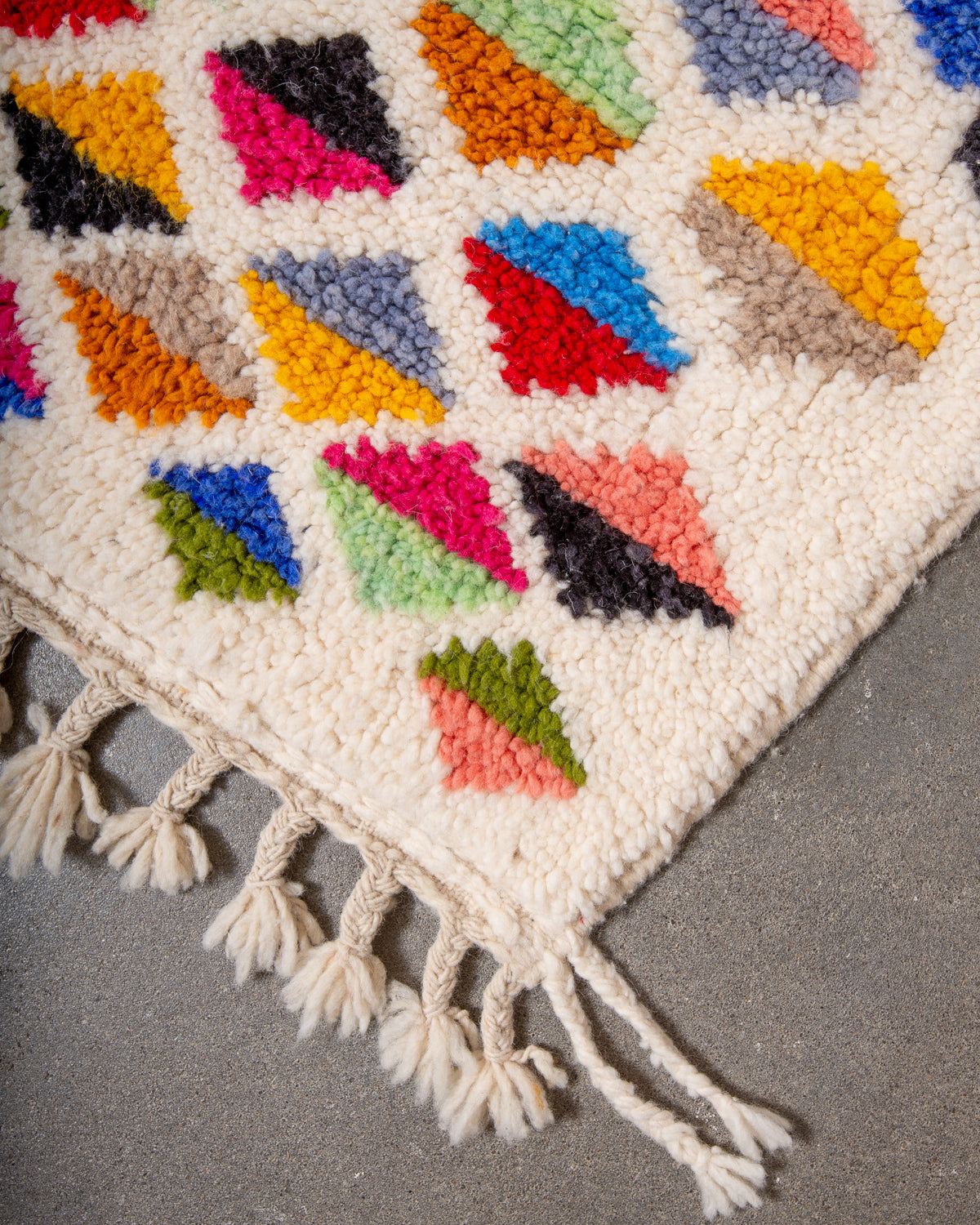 Modern, designer, handcrafted Berber rug from Morocco. Beniourain carpet with beautiful colours and patterns and fluffy wool texture. 