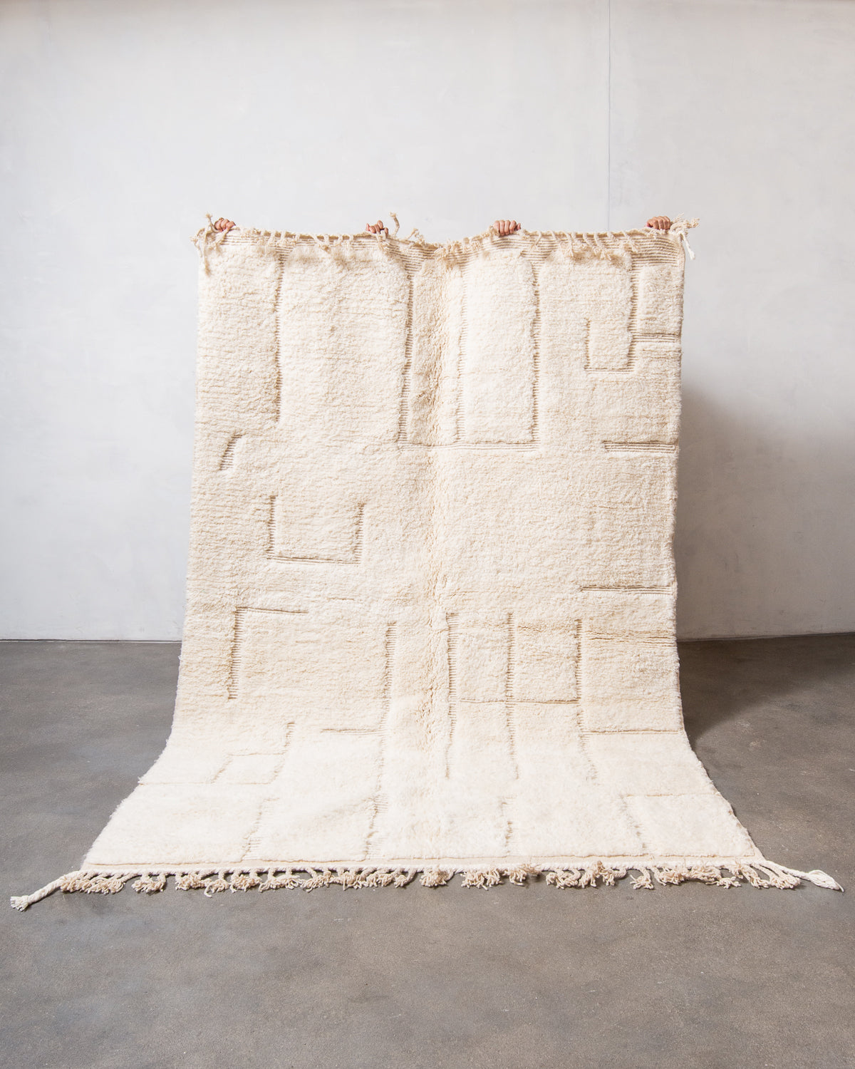 Cream wool rug with woven pattern being held up in front of a white wall.