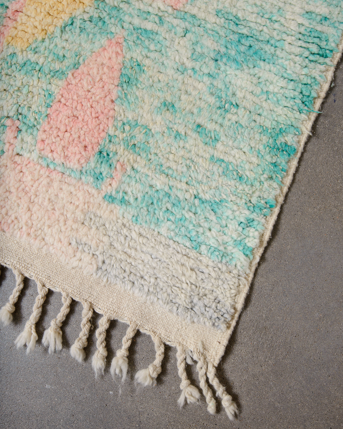Modern, designer, handcrafted Berber rug from Morocco. Vintage carpet with beautiful colours and patterns and fluffy texture.