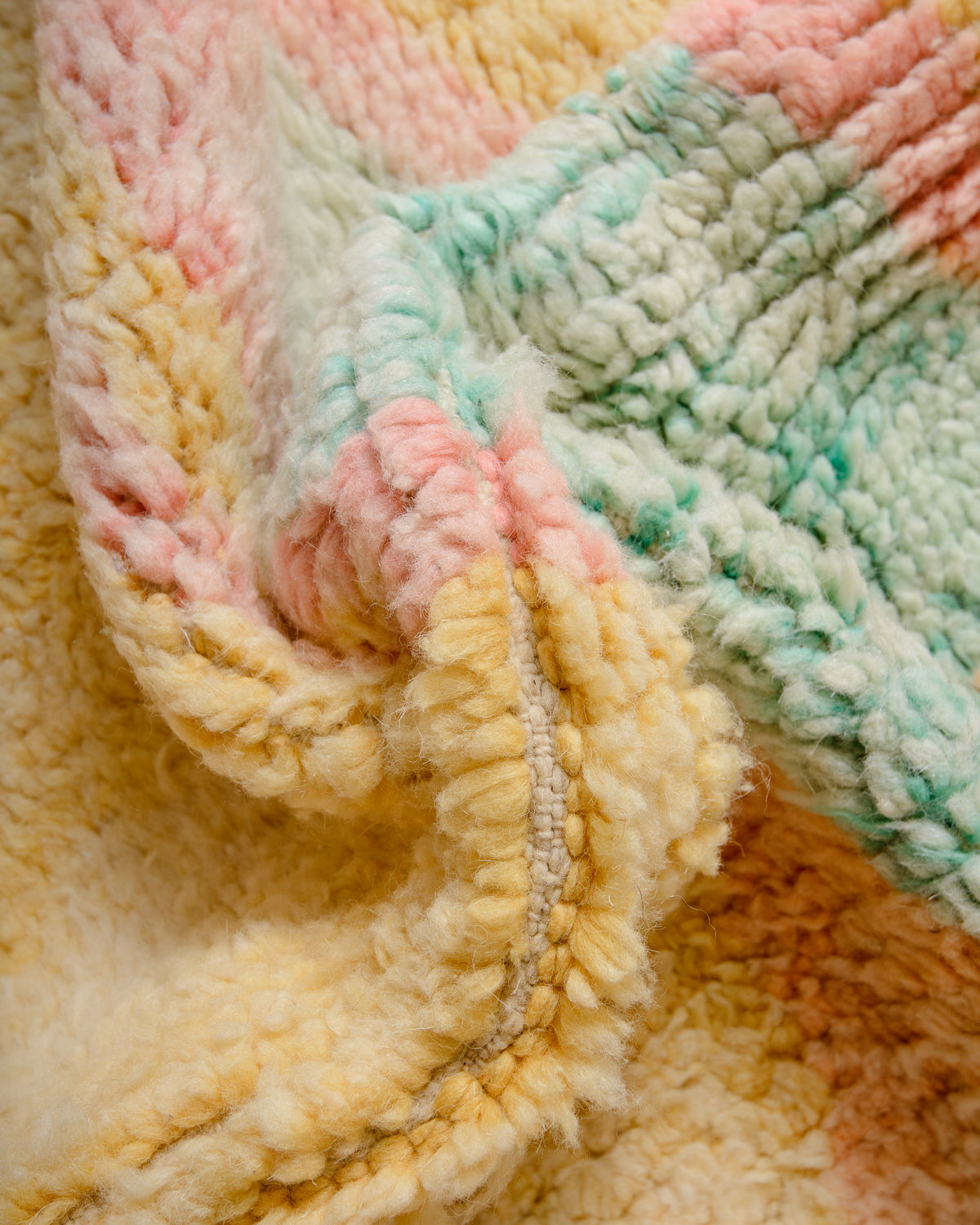 Modern, designer, handcrafted Berber rug from Morocco. Vintage carpet with beautiful colours and patterns and fluffy texture.