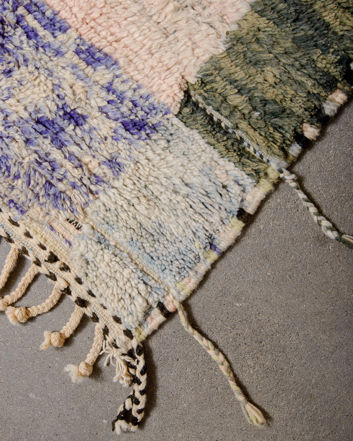 Modern, designer, handcrafted Berber rug from Morocco. Beniourain carpet with beautiful colours and patterns and fluffy wool texture.