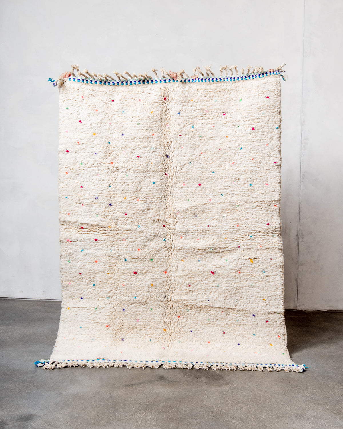 Modern, designer, handcrafted Berber rug from Morocco. Beniourain carpet with beautiful colours and patterns and fluffy wool texture. 