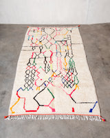 Moderner, handgefertigter Berber-Teppich aus Marokko. Azilal-Teppich mit wunderschönen Farben und Mustern. Aus Schafwolle und bunter Baumwolle.