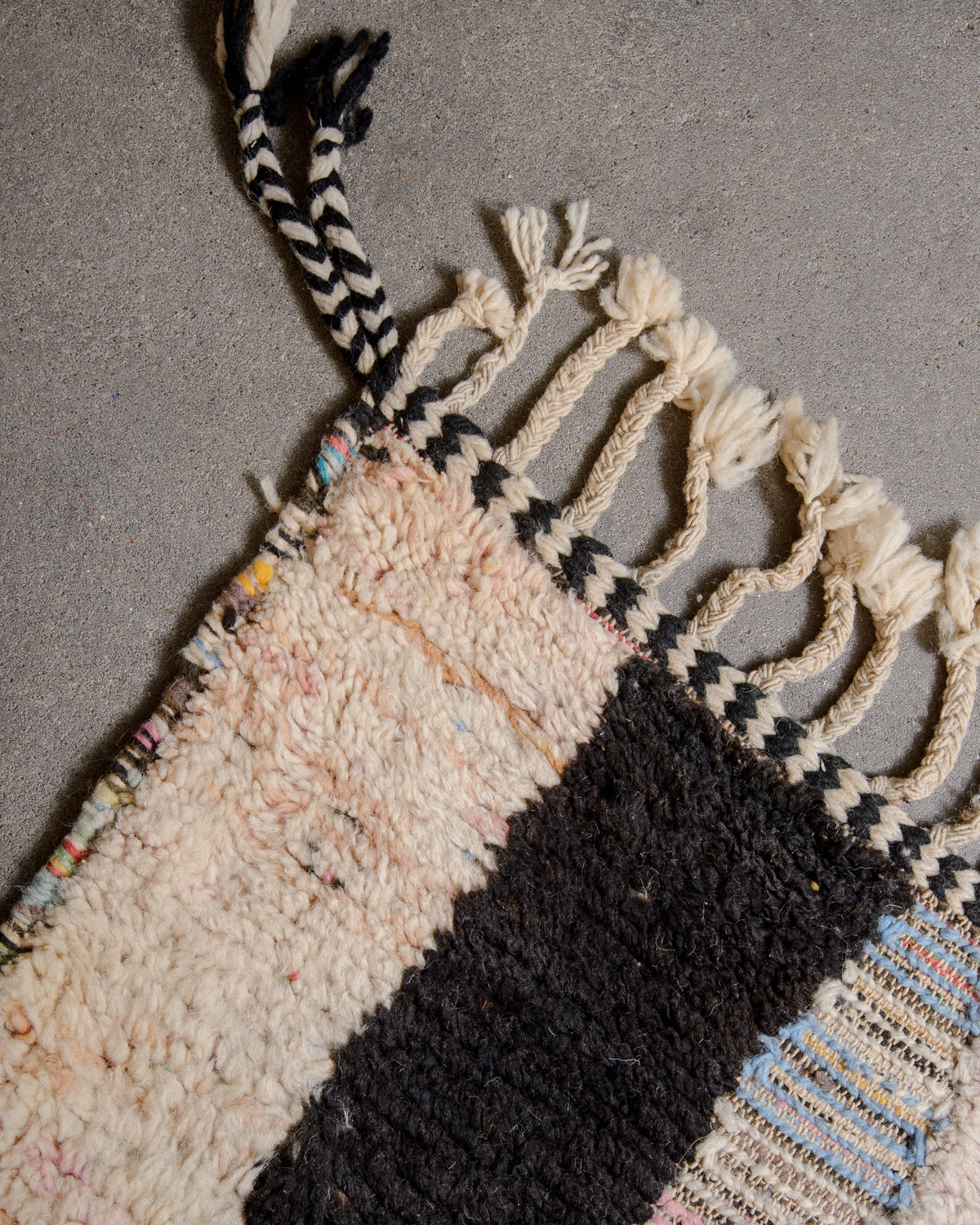 Modern, designer, handcrafted Berber rug from Morocco. Beniourain carpet with beautiful colours and patterns and fluffy wool texture.