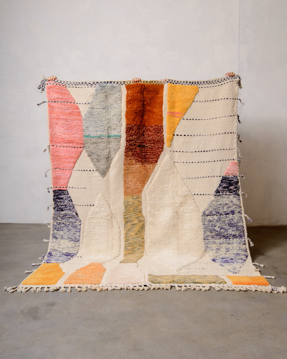 Modern, designer, handcrafted Berber rug from Morocco. Beniourain carpet with beautiful colours and patterns and fluffy wool texture.