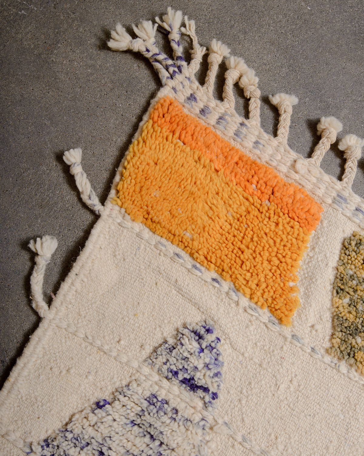 Modern, designer, handcrafted Berber rug from Morocco. Beniourain carpet with beautiful colours and patterns and fluffy wool texture.