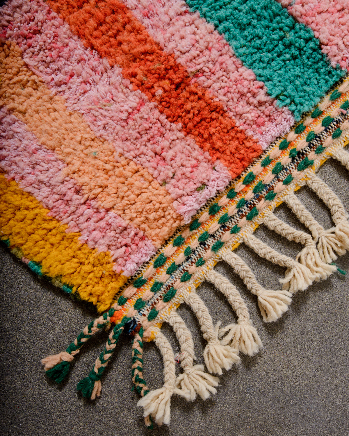 Modern, designer, handcrafted Berber rug from Morocco. Beniourain carpet with beautiful colours and patterns and fluffy wool texture.