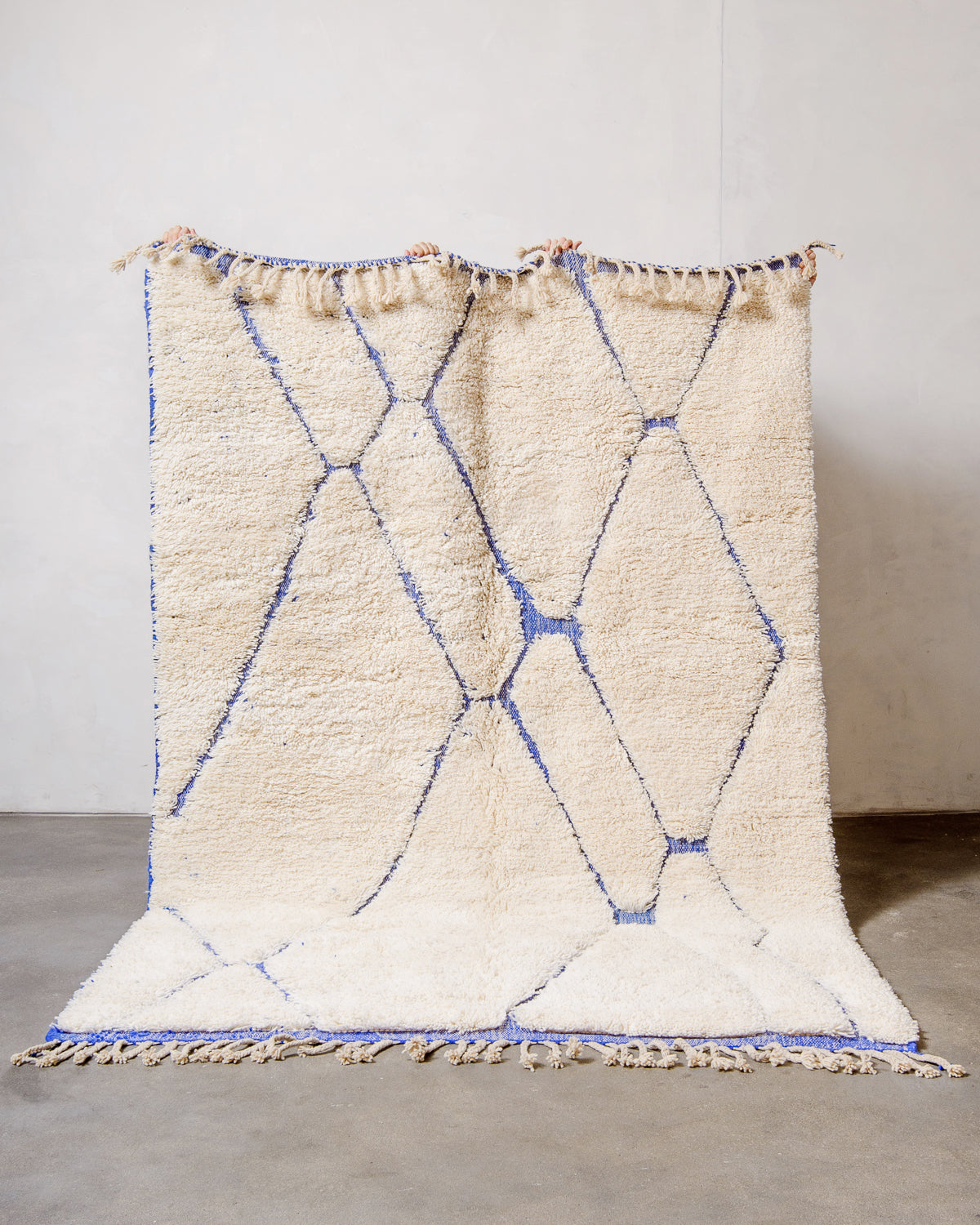 Modern, designer, handcrafted Berber rug from Morocco. Beniourain carpet with beautiful colours and patterns and fluffy wool texture.