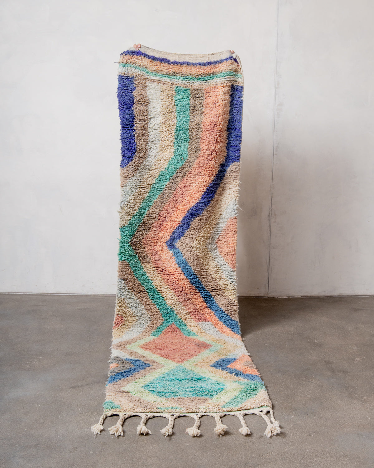 Modern, designer, handcrafted Berber runner rug from Morocco. Vintage carpet with beautiful colours and patterns and fluffy texture.