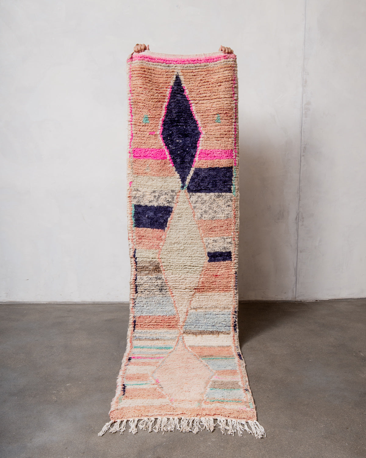 Modern, designer, handcrafted Berber runner rug from Morocco. Vintage carpet with beautiful colours and patterns and fluffy texture.