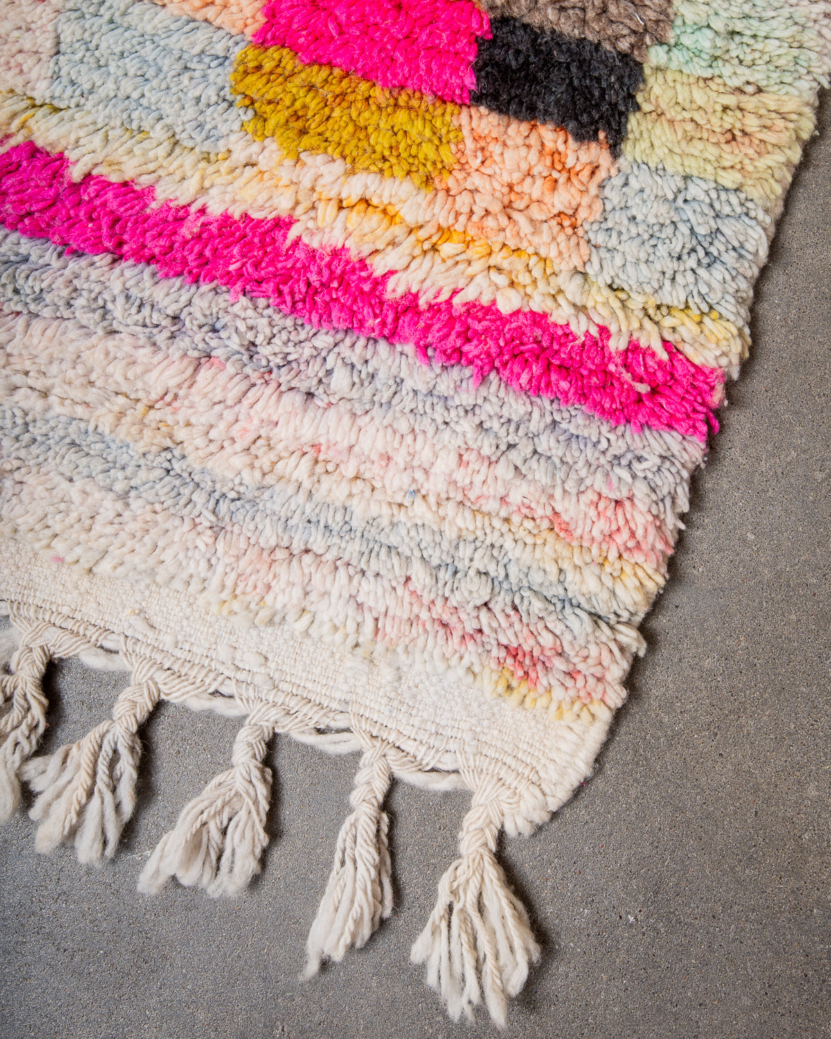 Modern, designer, handcrafted Berber runner rug from Morocco. Vintage carpet with beautiful colours and patterns and fluffy texture.