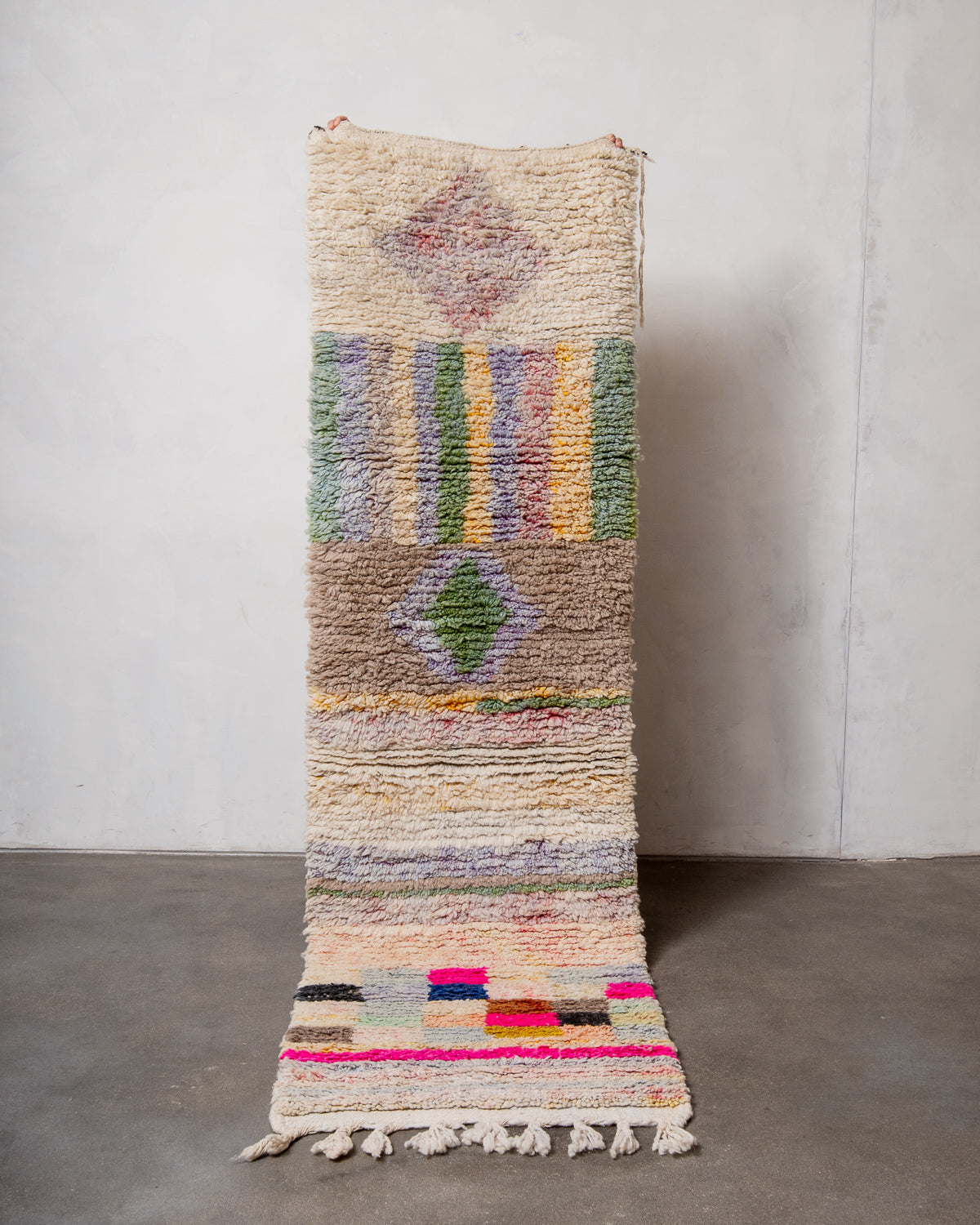 Modern, designer, handcrafted Berber runner rug from Morocco. Vintage carpet with beautiful colours and patterns and fluffy texture.