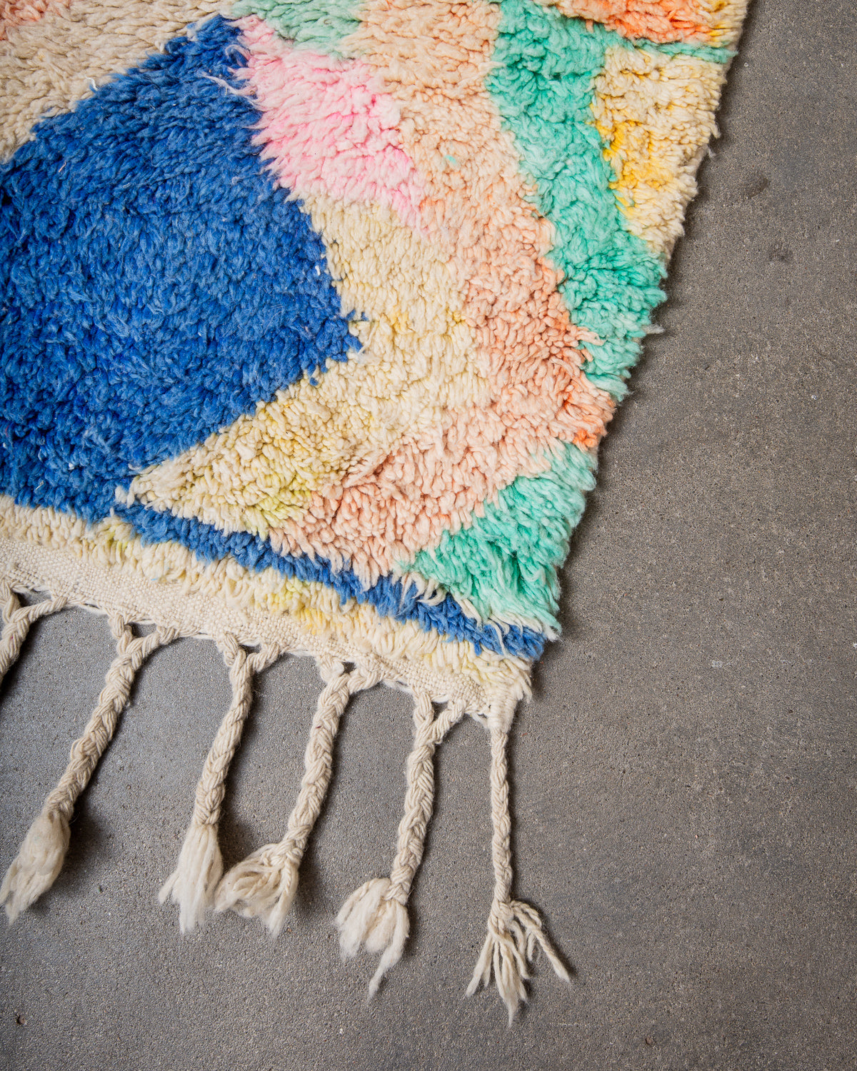 Modern, designer, handcrafted Berber runner rug from Morocco. Vintage carpet with beautiful colours and patterns and fluffy texture.