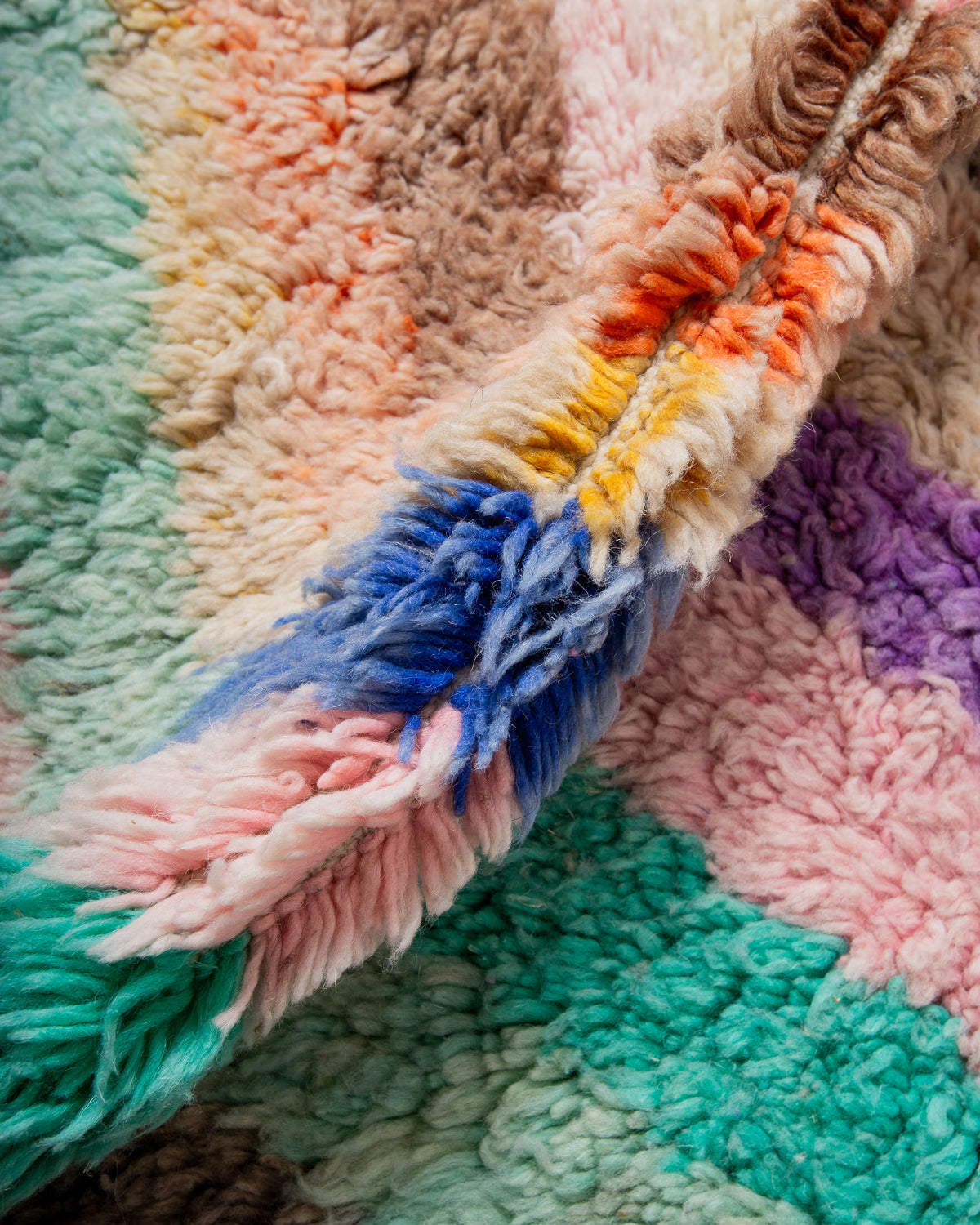 Modern, designer, handcrafted Berber runner rug from Morocco. Vintage carpet with beautiful colours and patterns and fluffy texture.