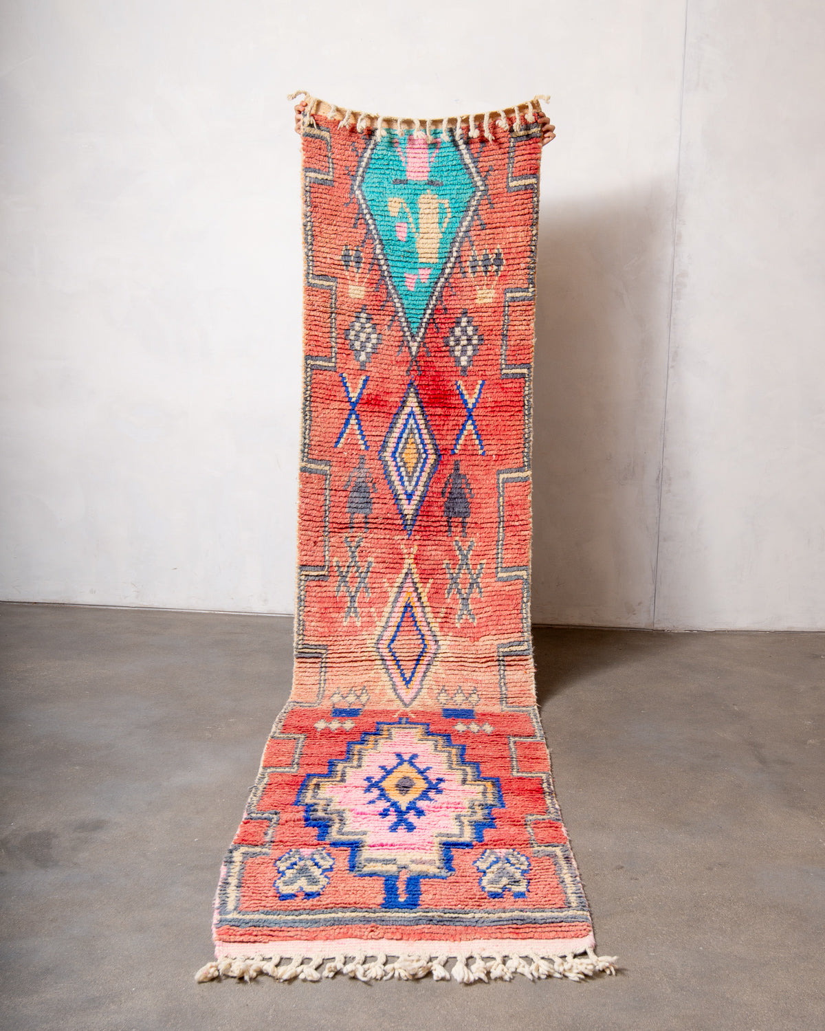 Modern, designer, handcrafted Berber runner rug from Morocco. Vintage carpet with beautiful colours and patterns and fluffy texture.