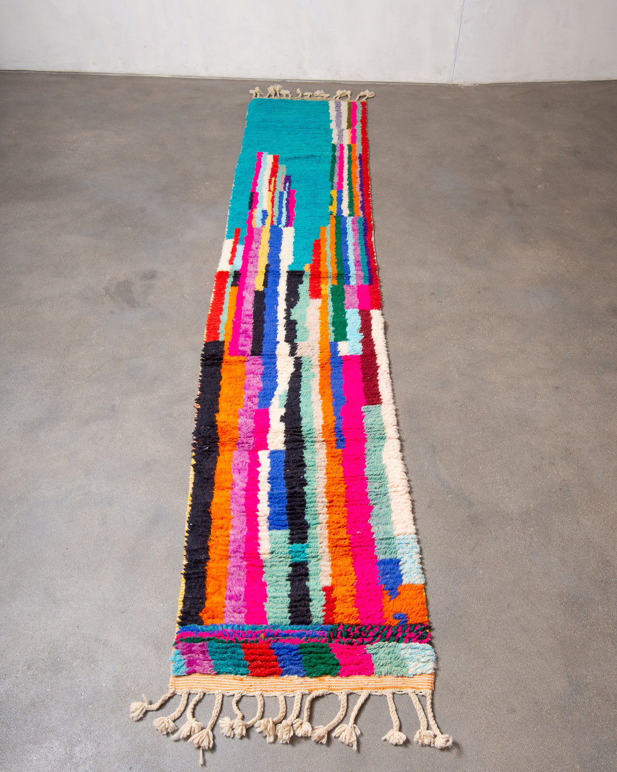 Modern, designer, handcrafted Berber runner rug from Morocco. Vintage carpet with beautiful colours and patterns and fluffy texture.