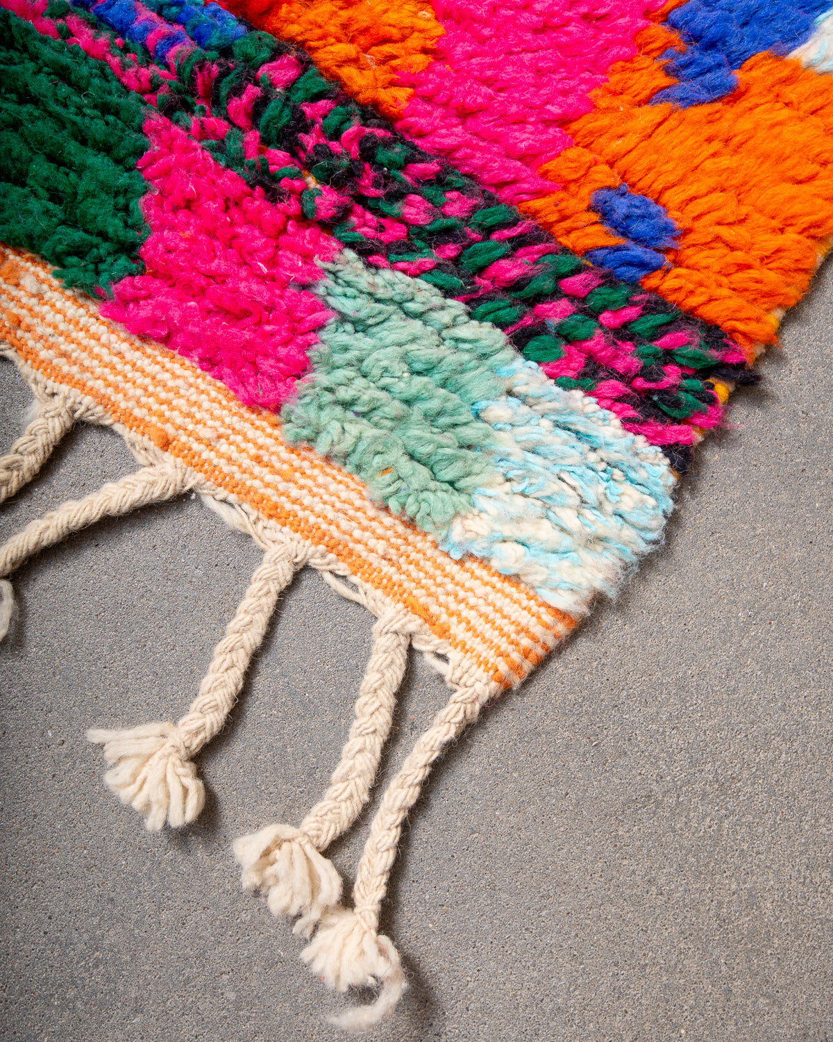 Modern, designer, handcrafted Berber runner rug from Morocco. Vintage carpet with beautiful colours and patterns and fluffy texture.