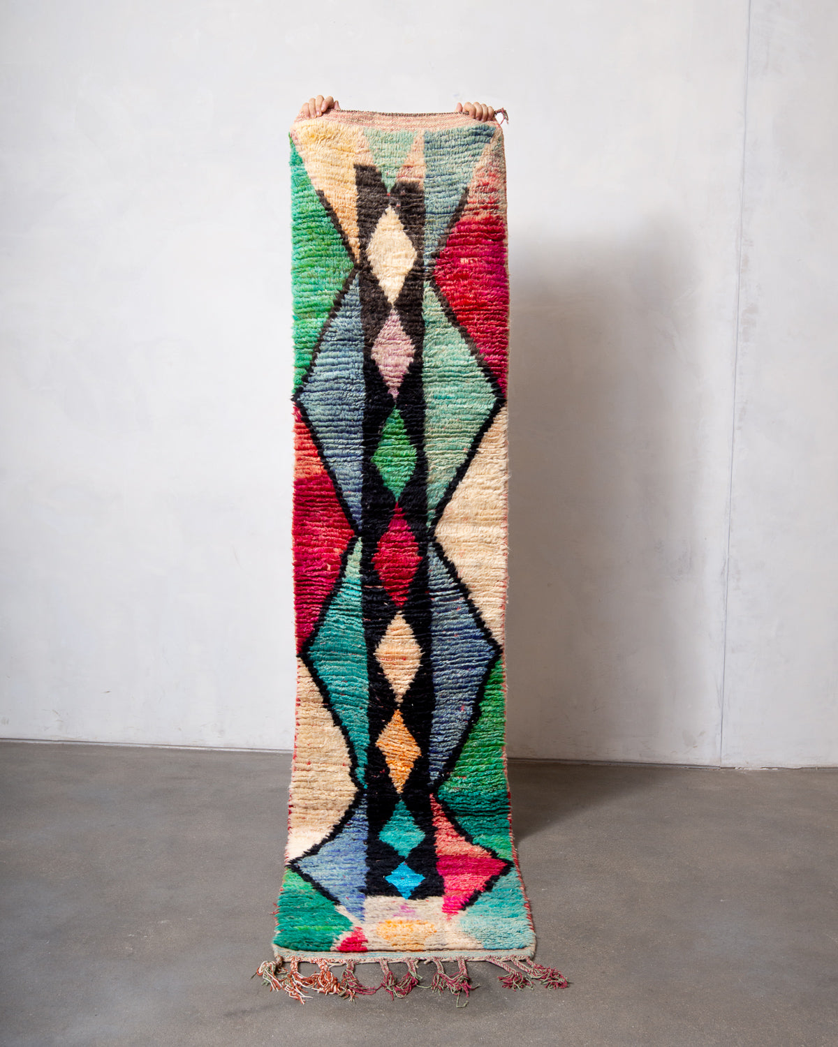 Modern, designer, handcrafted Berber runner rug from Morocco. Vintage carpet with beautiful colours and patterns and fluffy texture.