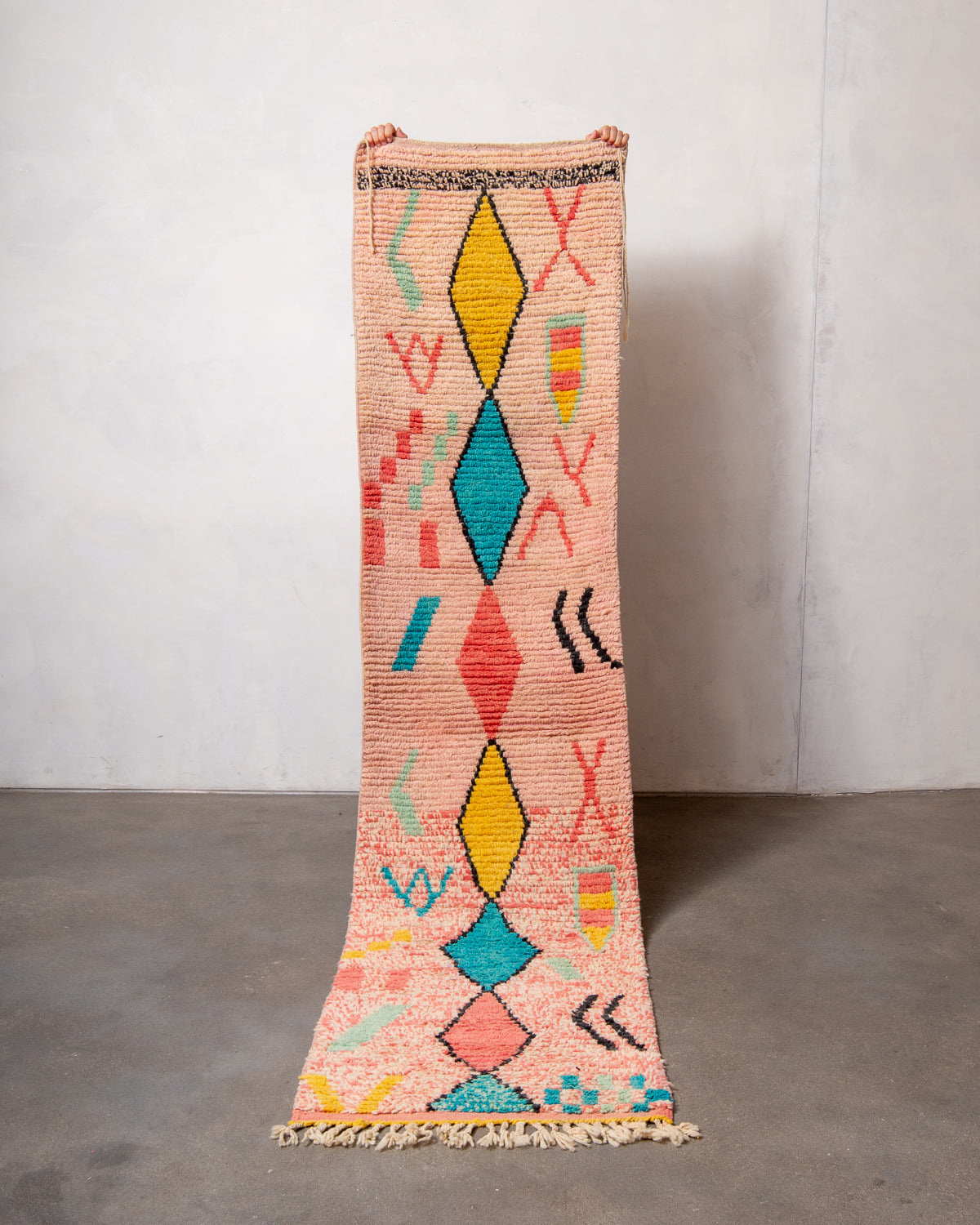 Modern, designer, handcrafted Berber runner rug from Morocco. Vintage carpet with beautiful colours and patterns and fluffy texture.