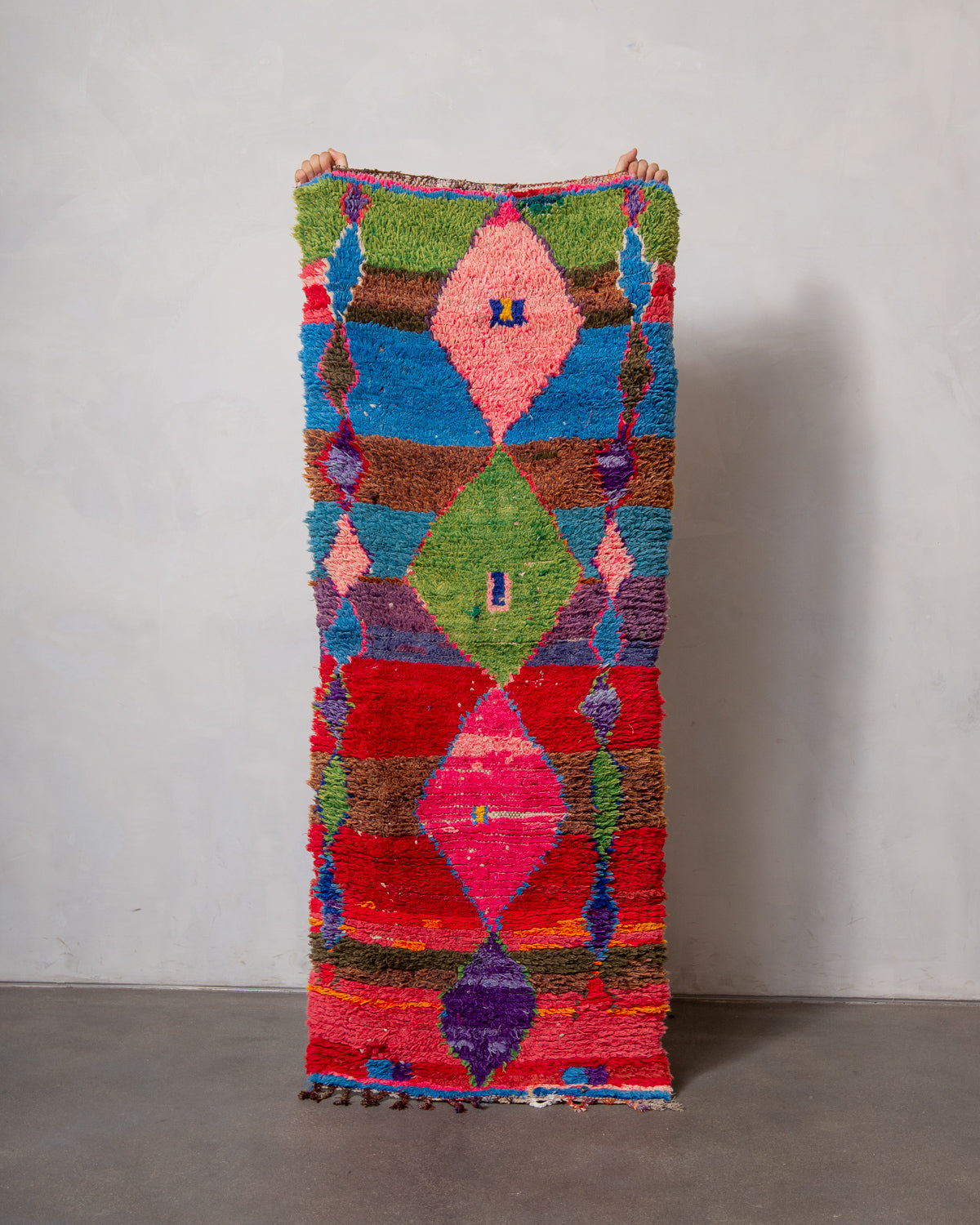 Modern, designer, handcrafted Berber runner rug from Morocco. Vintage carpet with beautiful colours and patterns and fluffy texture.