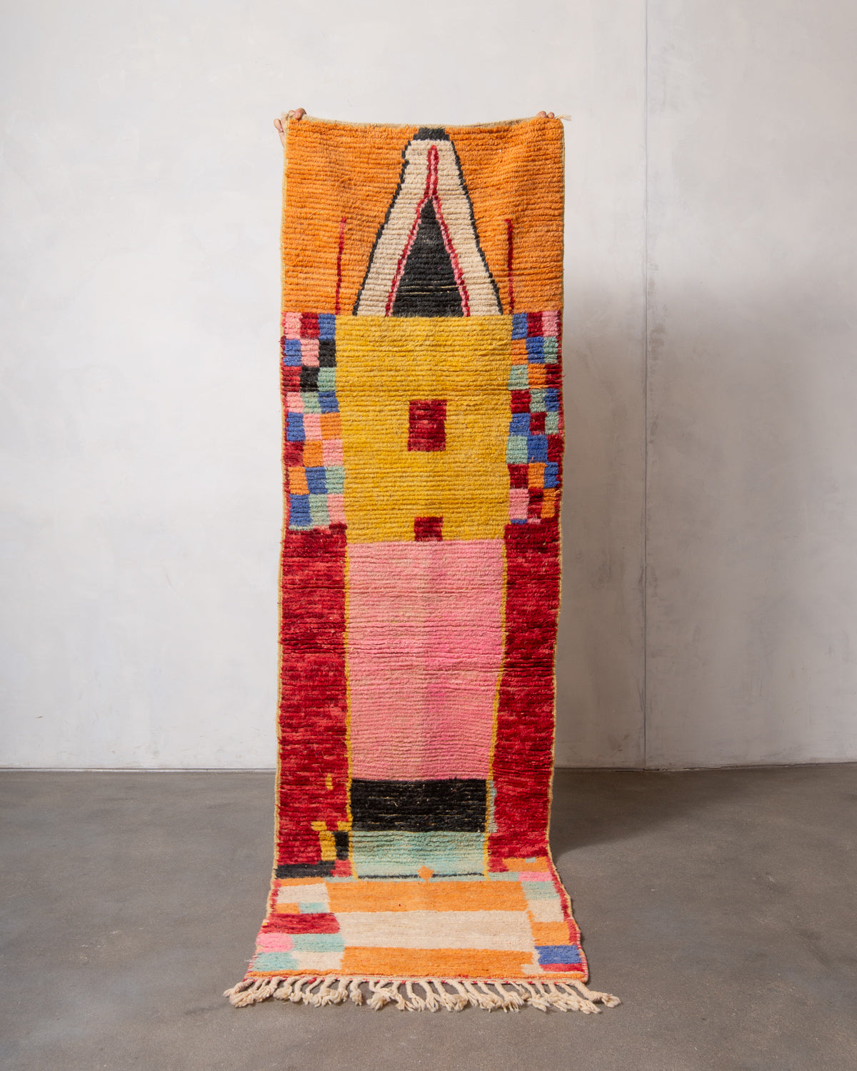 Modern, designer, handcrafted Berber runner rug from Morocco. Vintage carpet with beautiful colours and patterns and fluffy texture.