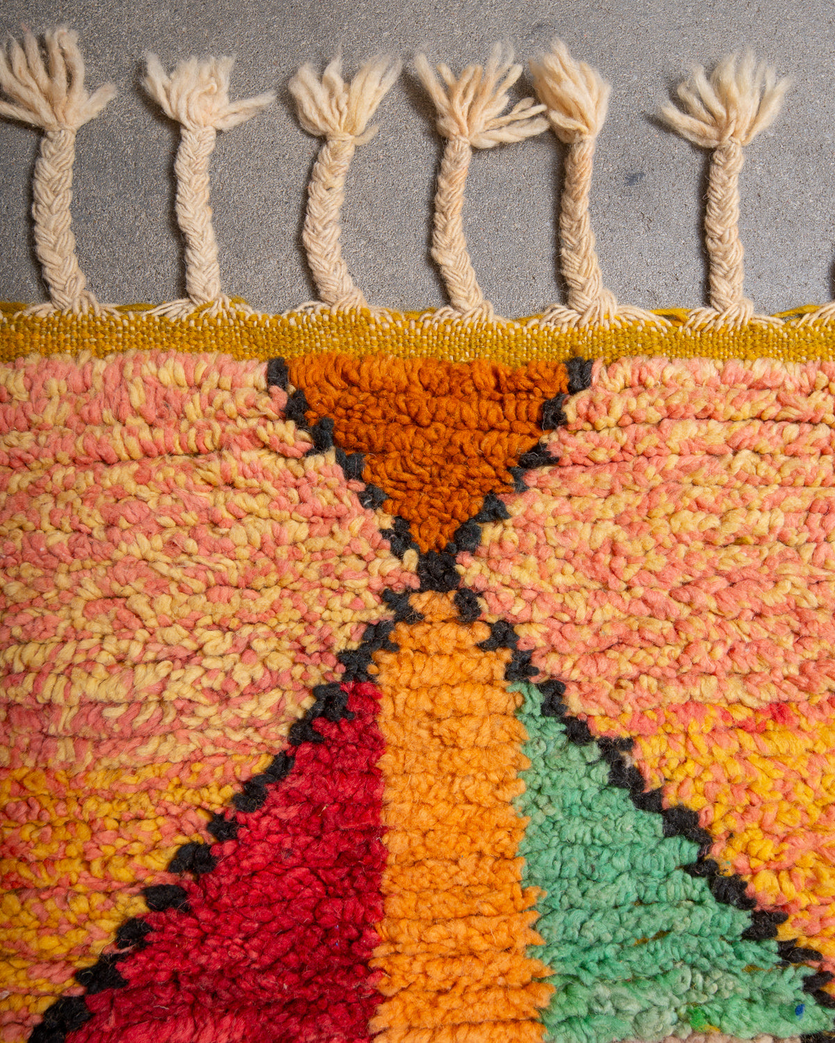 Modern, designer, handcrafted Berber runner rug from Morocco. Vintage carpet with beautiful colours and patterns and fluffy texture.